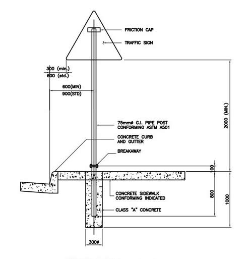 Galvanized Steel Pipe Post Supporting Roadway Sign, Triangular Shape